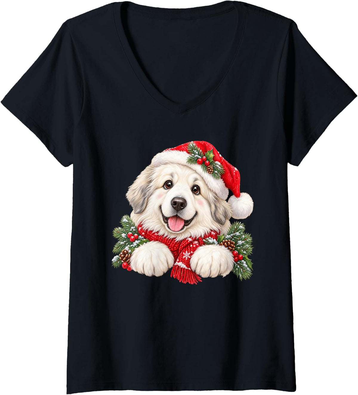 Women's Festive Great Pyrenees Puppy Christmas Dog V-Neck T-Shirt - Black