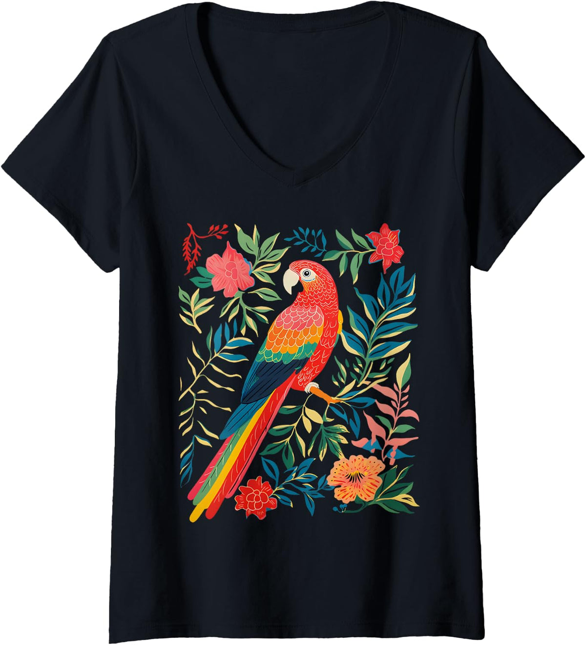 Women's Boho Floral Parrot Scarlet Macaw Birdwatching Bird Lover V-Neck T-Shirt - Black