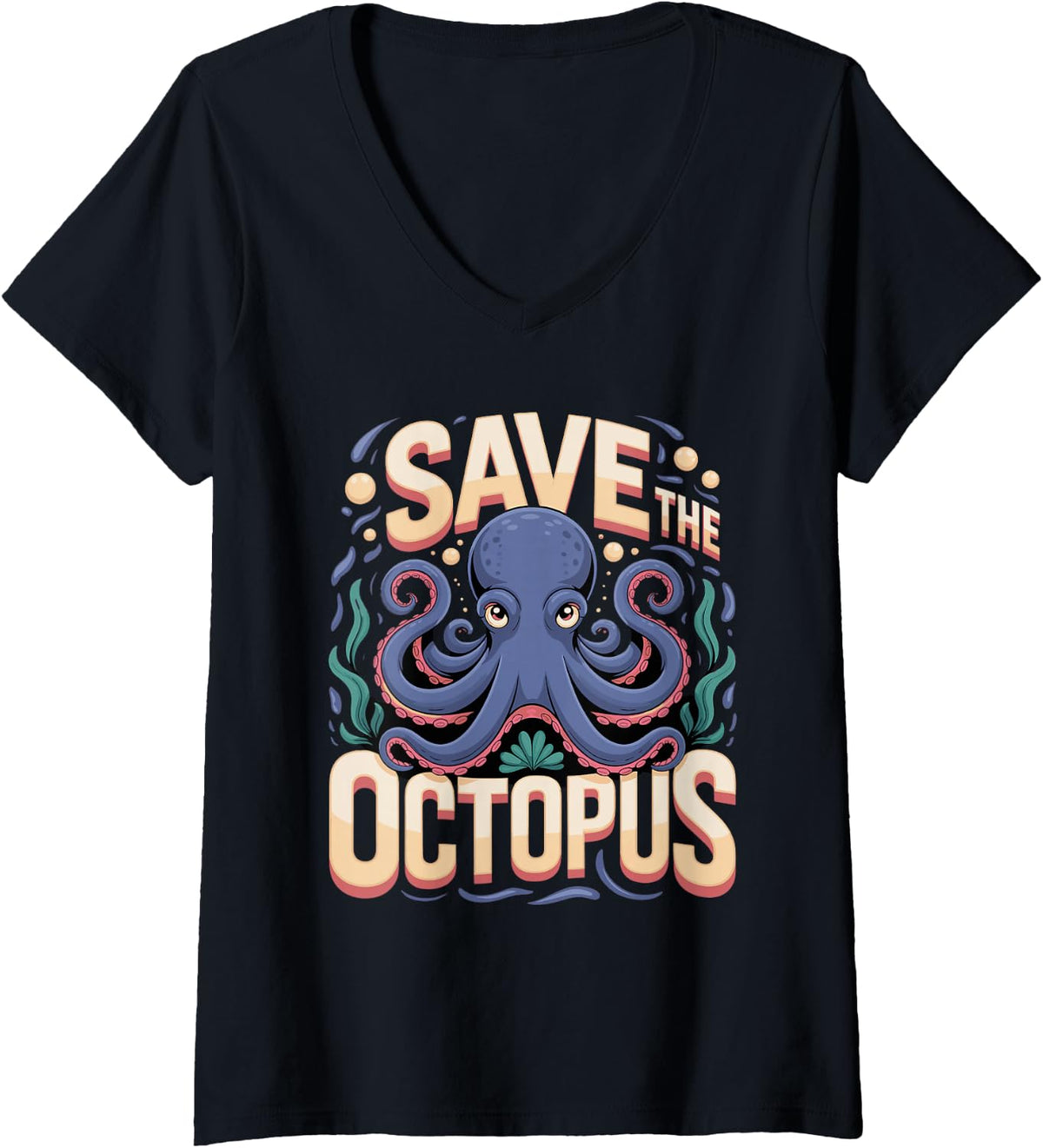 Women's Save the Octopus Cephalopod Marine V-Neck T-Shirt - Black