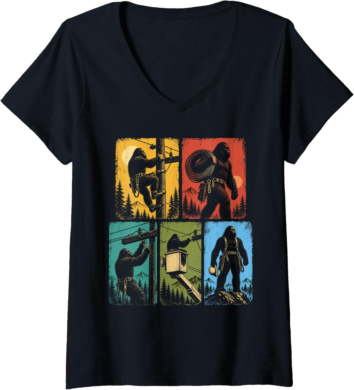 Women's Funny Bigfoot Lineman V-Neck T-Shirt - Black