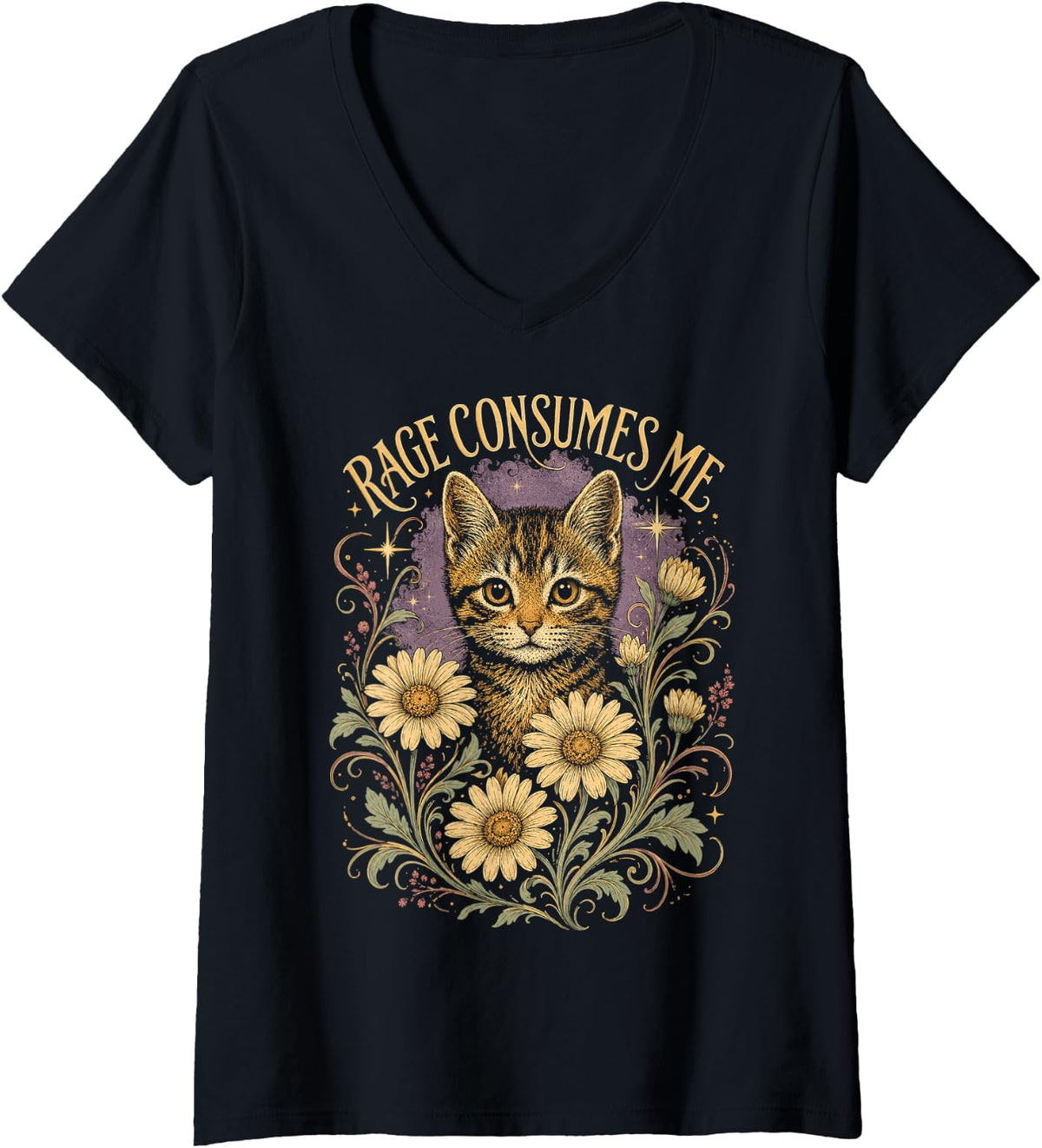 Women's Tabby Cat Daisies - Rage Consumes Me Tabby Kitten Daisies V-Neck T-Shirt - Black
