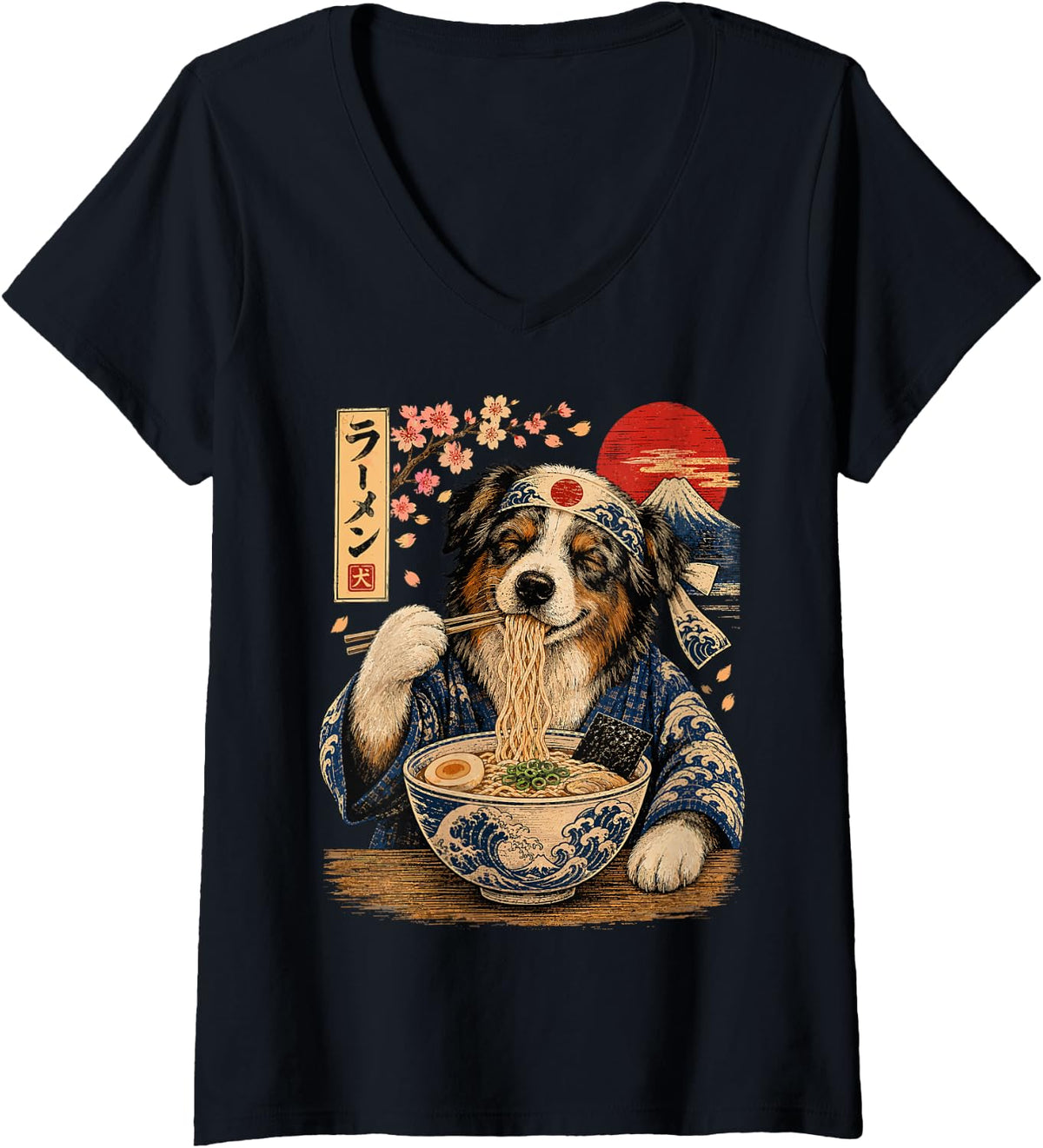 Women's Australien Shepherd Dog Eating Ramen Japanese Aussie V-Neck T-Shirt - Black