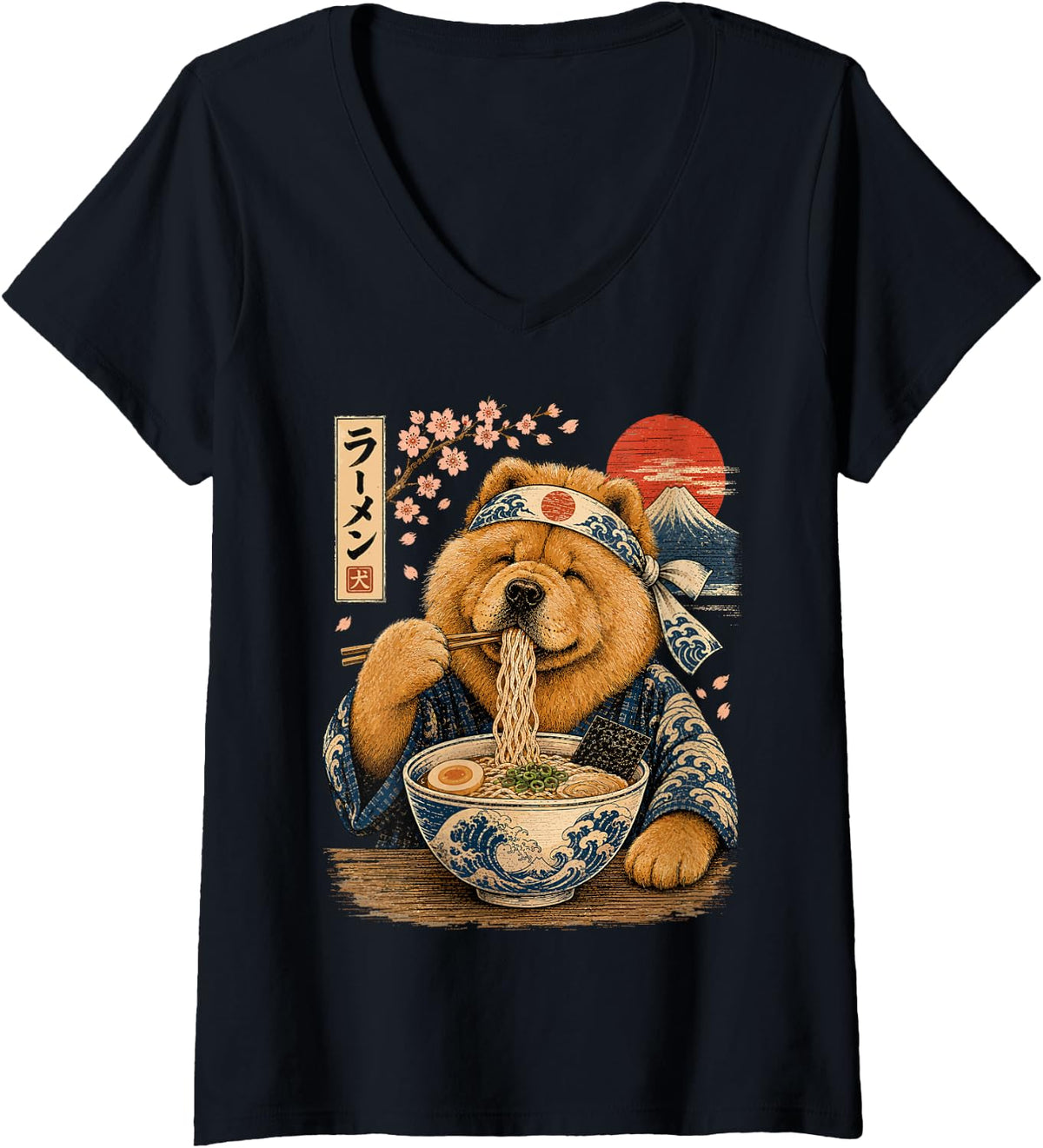 Women's Chow Chow Dog Eating Ramen Japanese Chow Chow V-Neck T-Shirt - Black