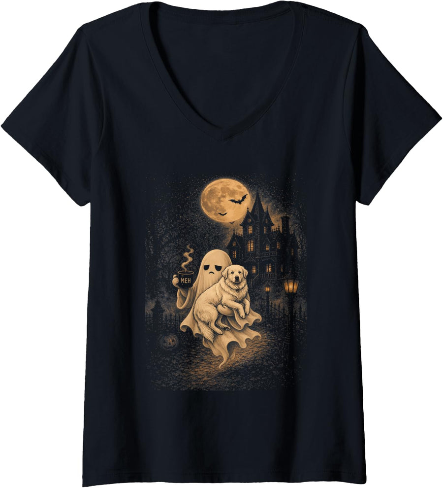 Women's Vintage Great Pyrenees Ghost Coffee Spooky Halloween V-Neck T-Shirt - Black