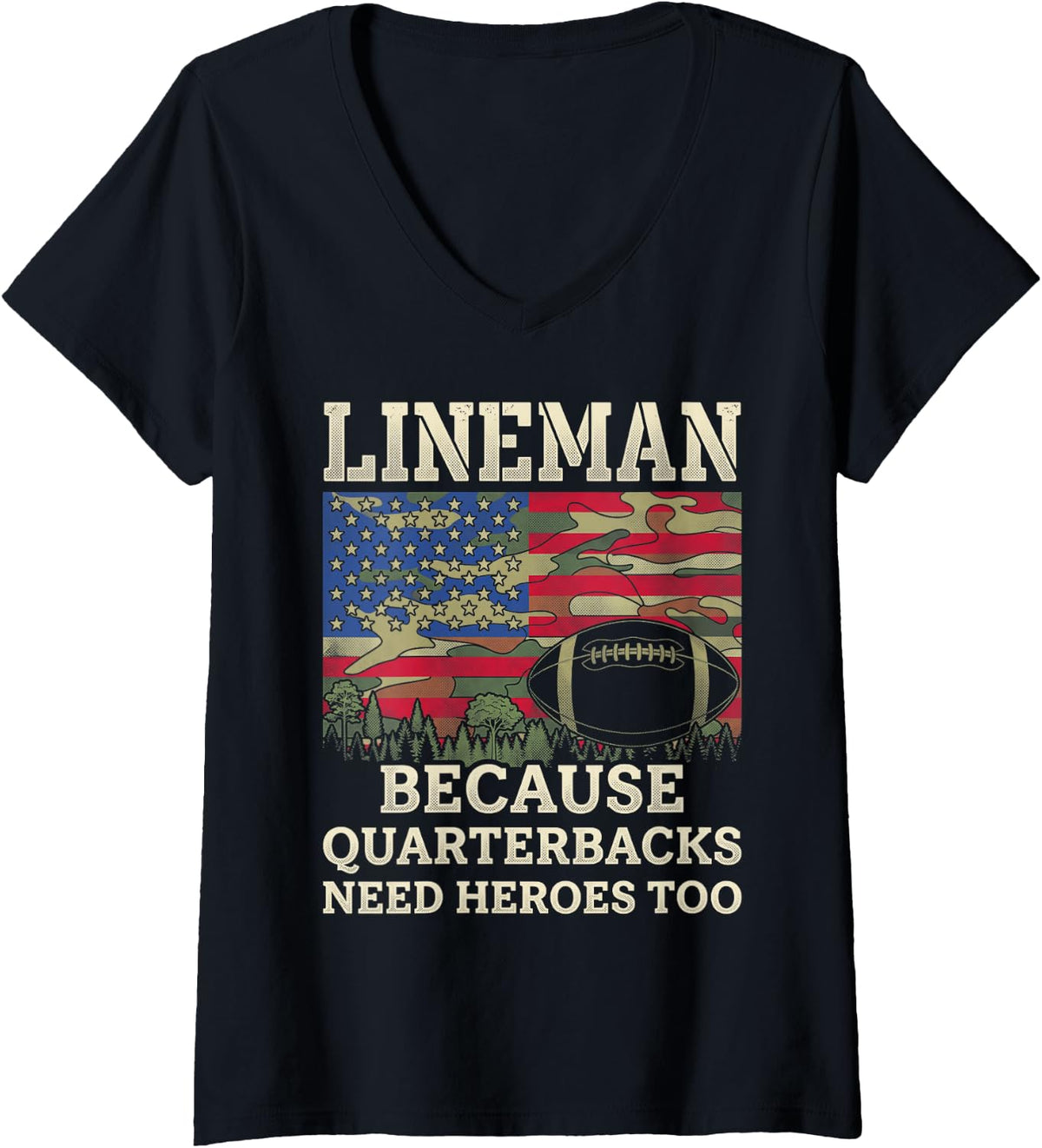 Women's Lineman Football Patriotic American Flag Camouflage V-Neck T-Shirt - Black