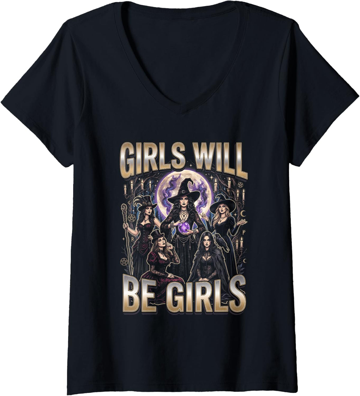 Women's Girl Will Be Girls Funny Halloween Witch Women V-Neck T-Shirt - Black