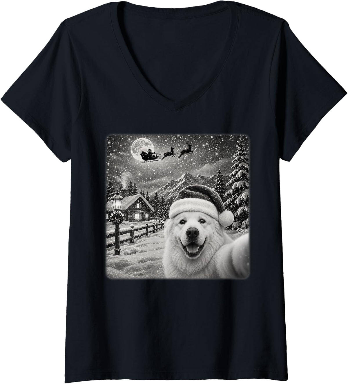 Women's Xmas Moon Night Santa Sleigh Great Pyrenees Dog Christmas V-Neck T-Shirt - Black