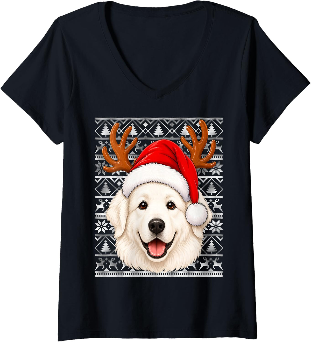 Women's Great Pyrenees Dog Christmas Santa Hat Ugly Sweater Xmas V-Neck T-Shirt - Black