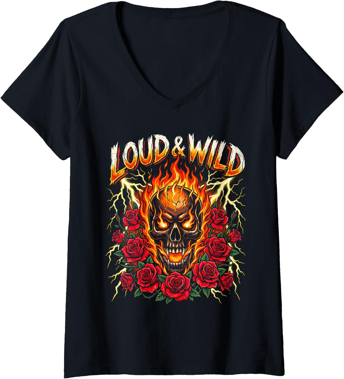 Women's Loud & Wild Skull with Rose Flames Electric Rock Graphic V-Neck T-Shirt - Black