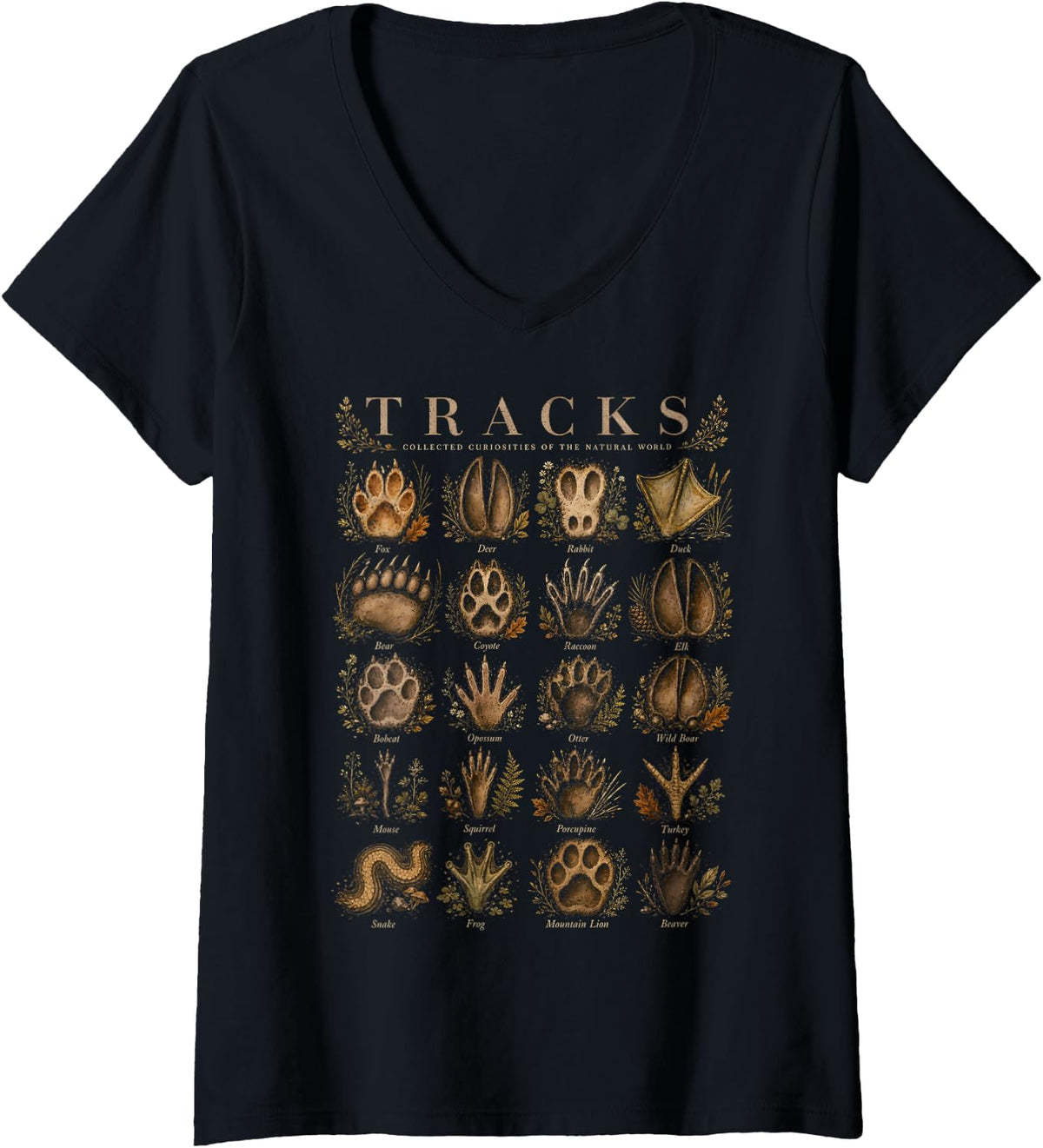 Women's Animal Tracks Field Guide Wildlife Paw Prints Nature V-Neck T-Shirt - Black
