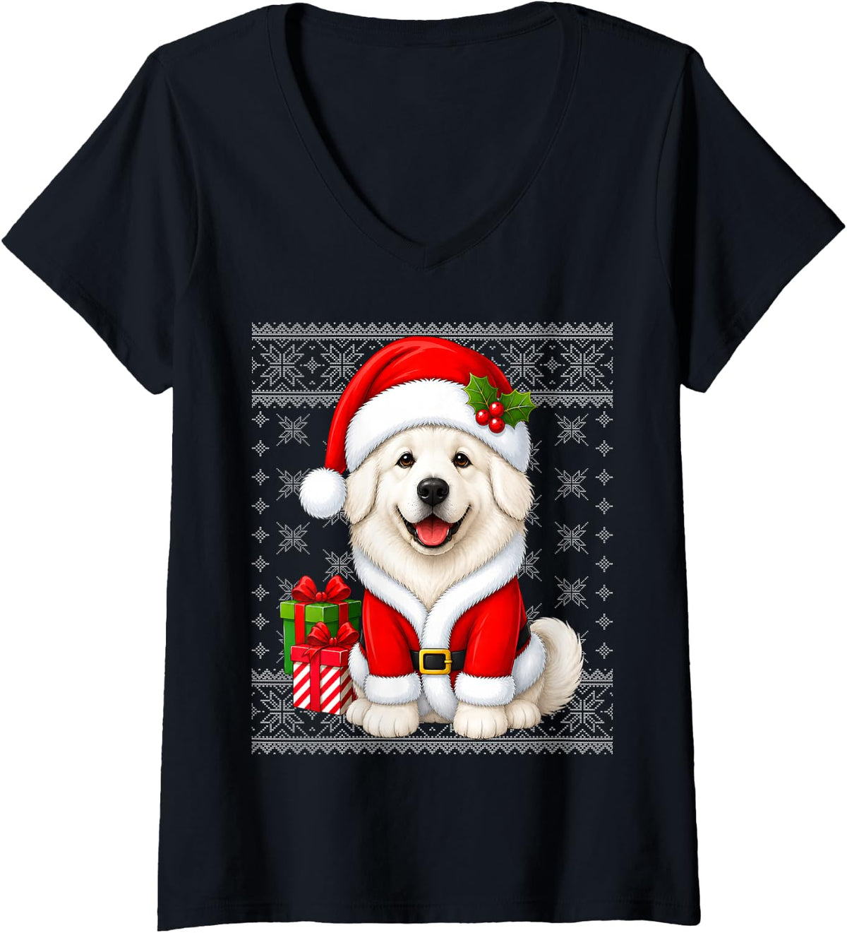 Women's Great Pyrenees Dog in Christmas Santa Costume Ugly Xmas V-Neck T-Shirt - Black