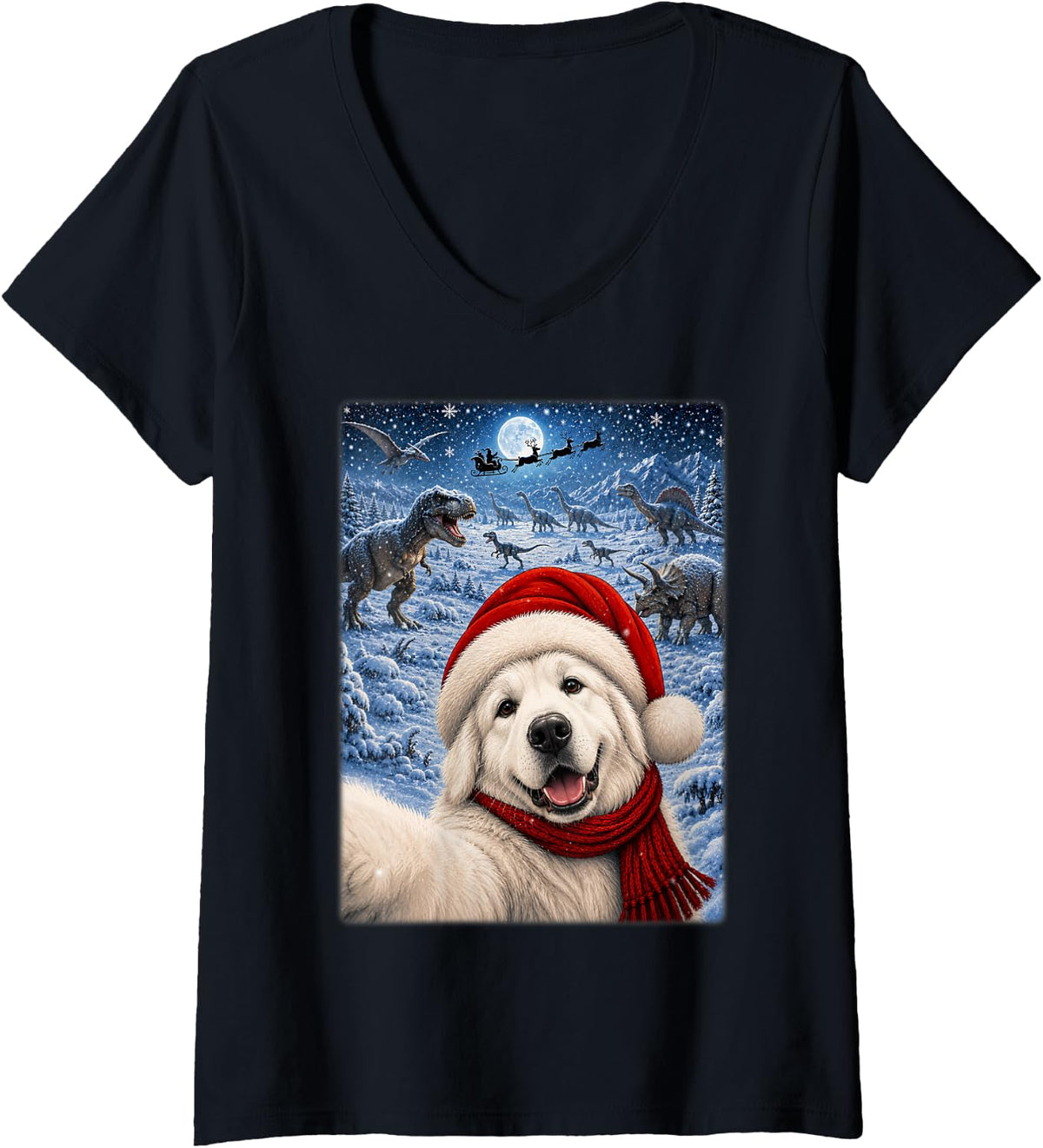Women's Great Pyrenees Dog Christmas Moon Night Starry Dinosaur Xmas V-Neck T-Shirt - Black