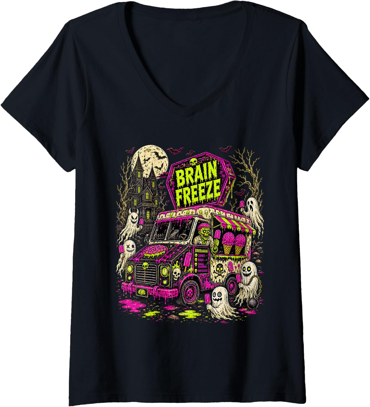 Women's Halloween Vibes Spooky Season Summerween Brain A Freeze V-Neck T-Shirt - Black