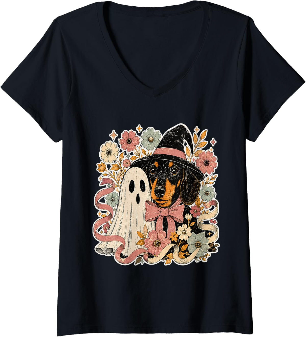 Women's Fall Dogs Ghost Dog Witch Dachshund Halloween V-Neck T-Shirt - Black