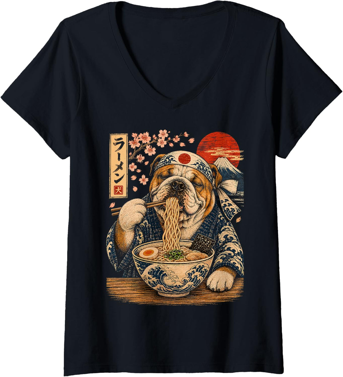Women's Bulldog Dog Eating Ramen Japanese English Bulldog V-Neck T-Shirt - Black