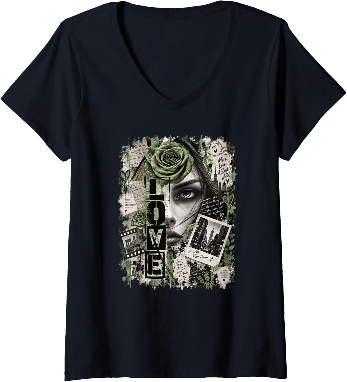 Women's Dark Romance Streetwear Graphic, Gothic Red Rose Lover V-Neck T-Shirt - Black