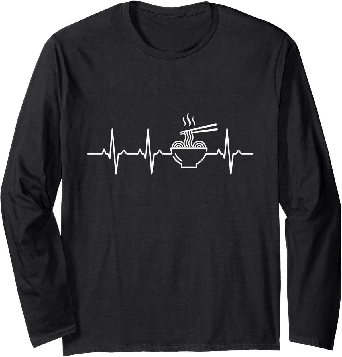 Ramen Heartbeat EKG Japanese Noodle Lover Line Art Long Sleeve T-Shirt - Adult Unisex Black