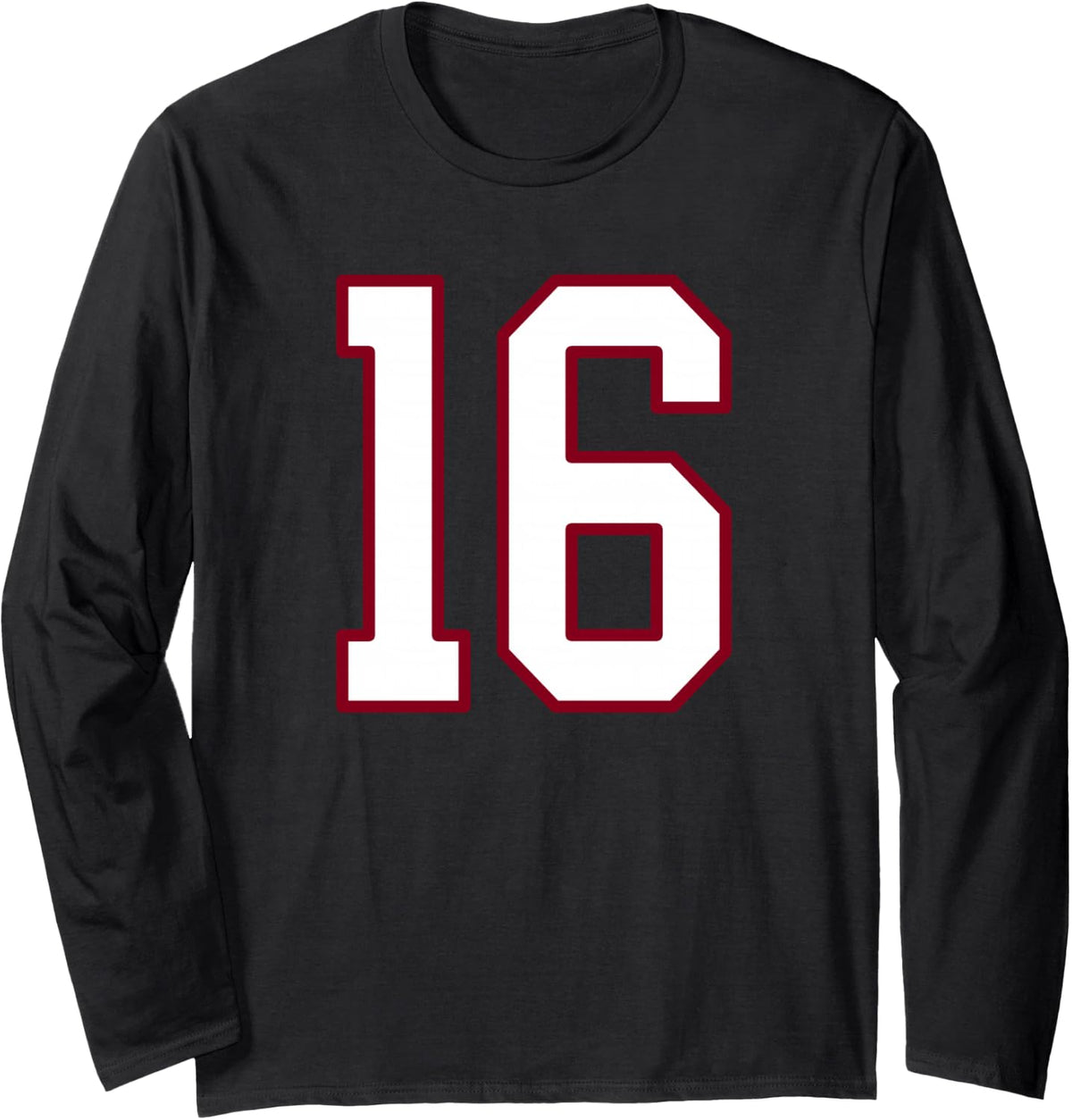 Maroon and White Number 16 Jersey Player Uniform #16 Long Sleeve T-Shirt - Adult Unisex Black