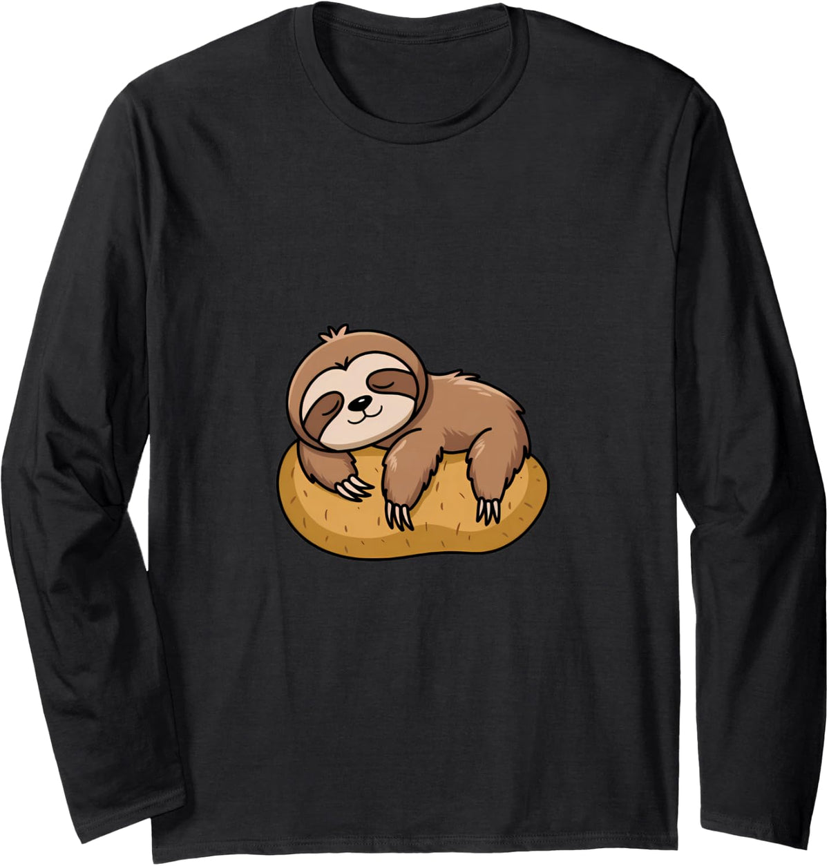Kawaii Sloth Sleeping on Potato | Cute Relaxing Animal Long Sleeve T-Shirt - Adult Unisex Black