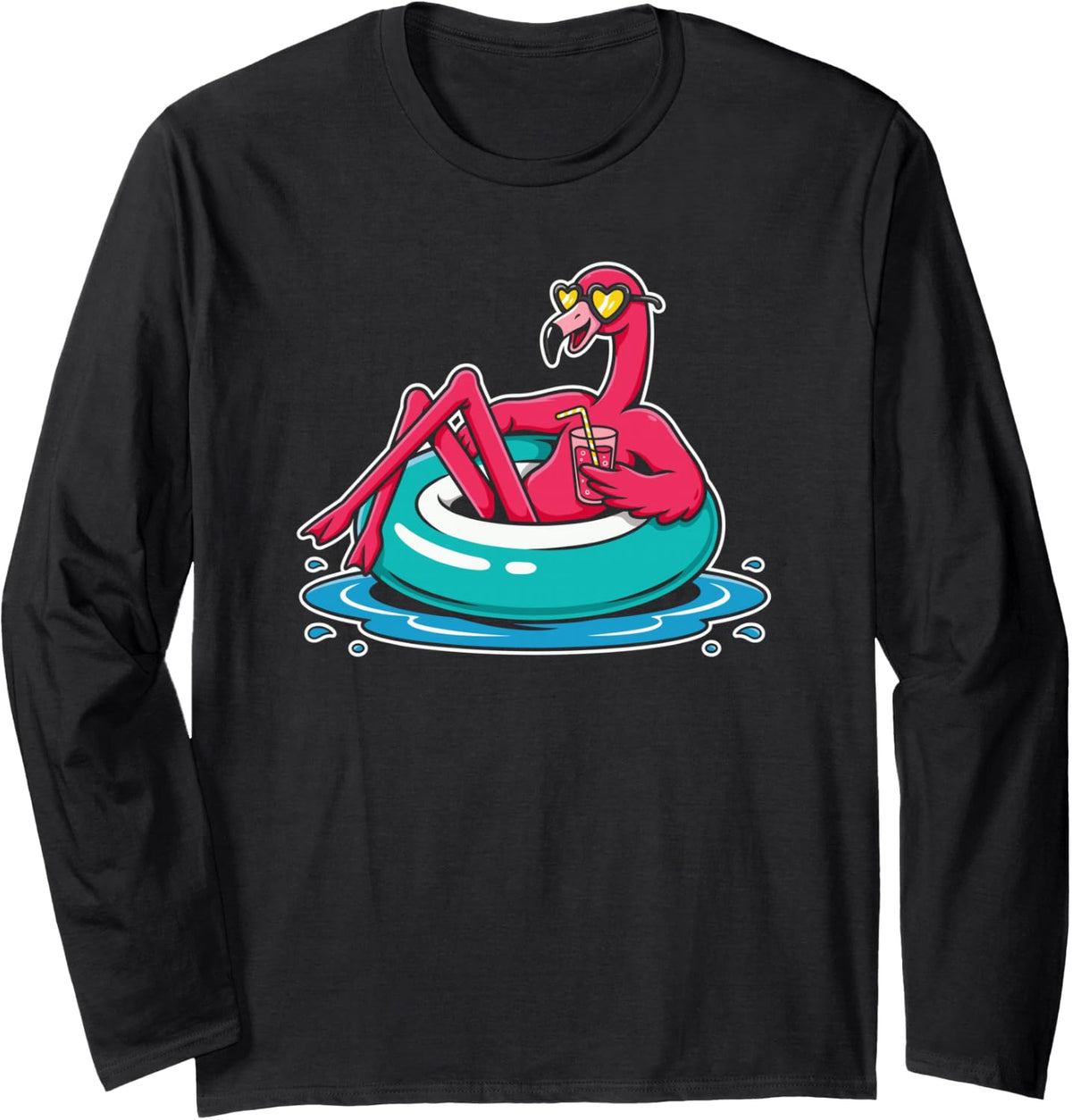 Pink Flamingo Taking A Tropical Beach Vacation for Women Long Sleeve T-Shirt - Adult Unisex Black