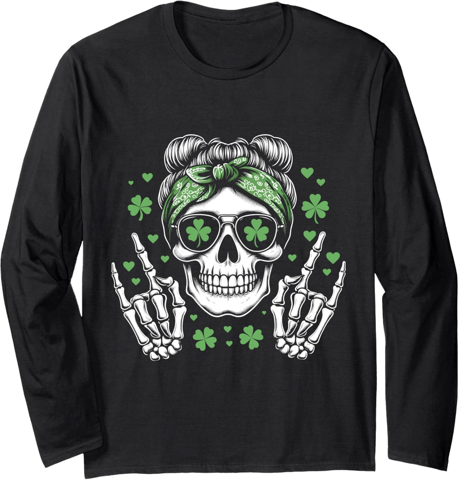 St Patricks Day Skull Messy Bun Women St. Pattys Day Long Sleeve T-Shirt - Adult Unisex Black