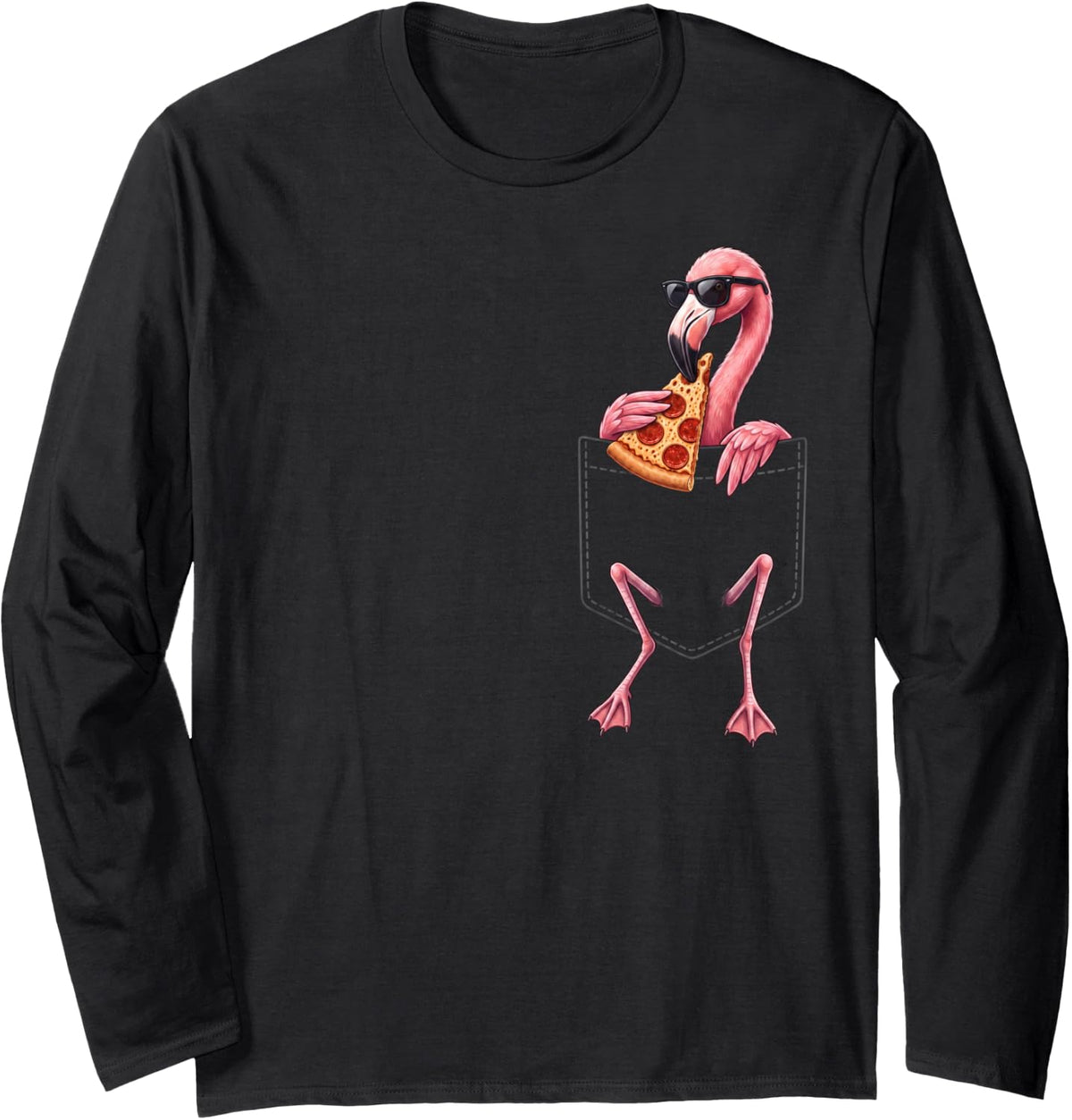 Flamingo Pocket Pizza Slice Italian Food Lover Long Sleeve T-Shirt - Adult Unisex Black