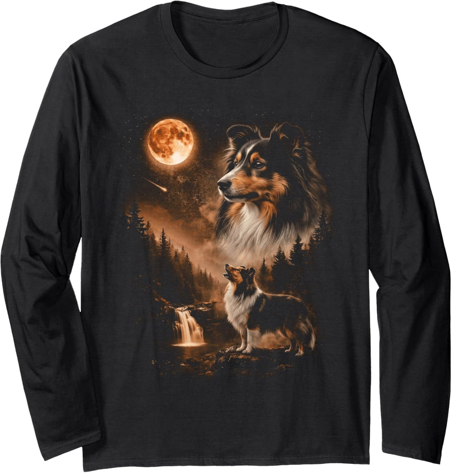Shetland Sheepdog Howling Moon Animal Pine Forest Night Long Sleeve T-Shirt - Adult Unisex Black