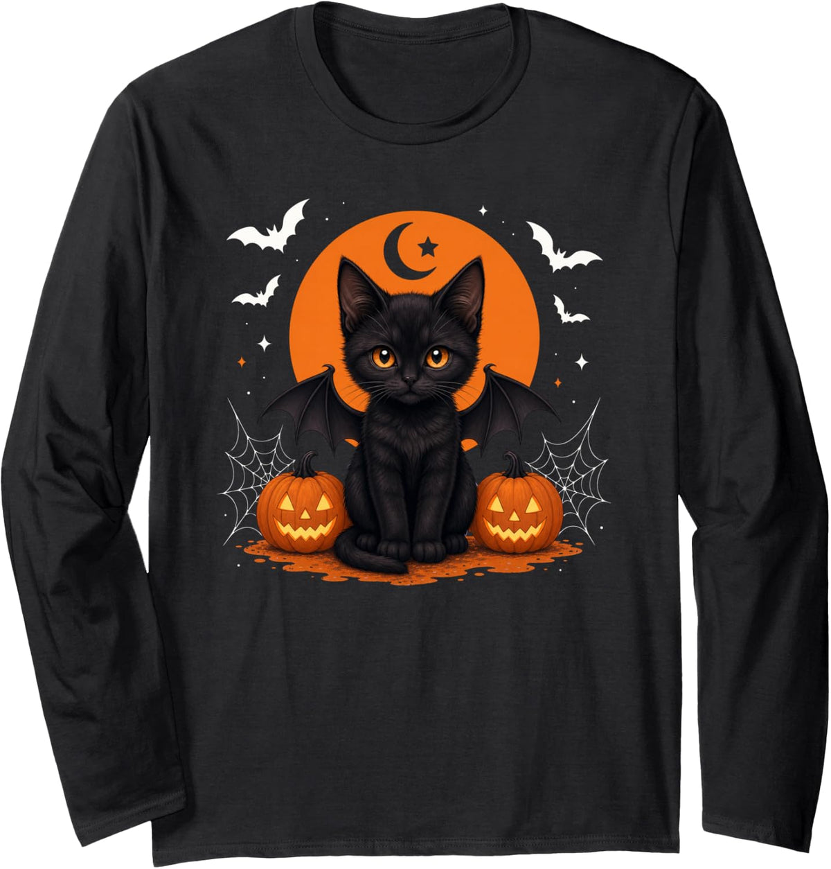 Spooky Season Black Cat Cute Halloween Jack O Lantern Kids Long Sleeve T-Shirt - Adult Unisex Black