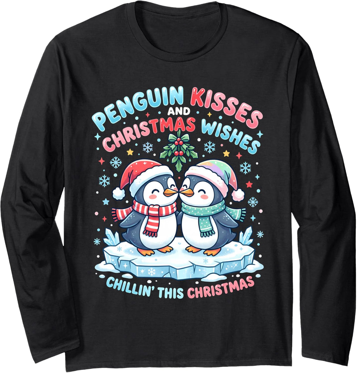 Penguin Kisses Christmas Wishes Chillin Chibi Long Sleeve T-Shirt - Adult Unisex Black