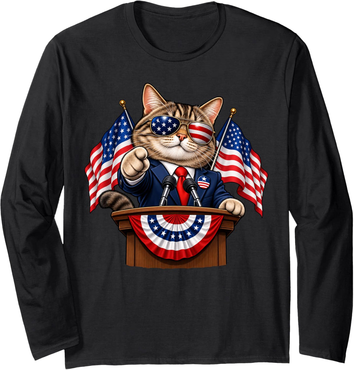 Patriotic Tabby Cat At Podium with American Flags and Tie Long Sleeve T-Shirt - Adult Unisex Black