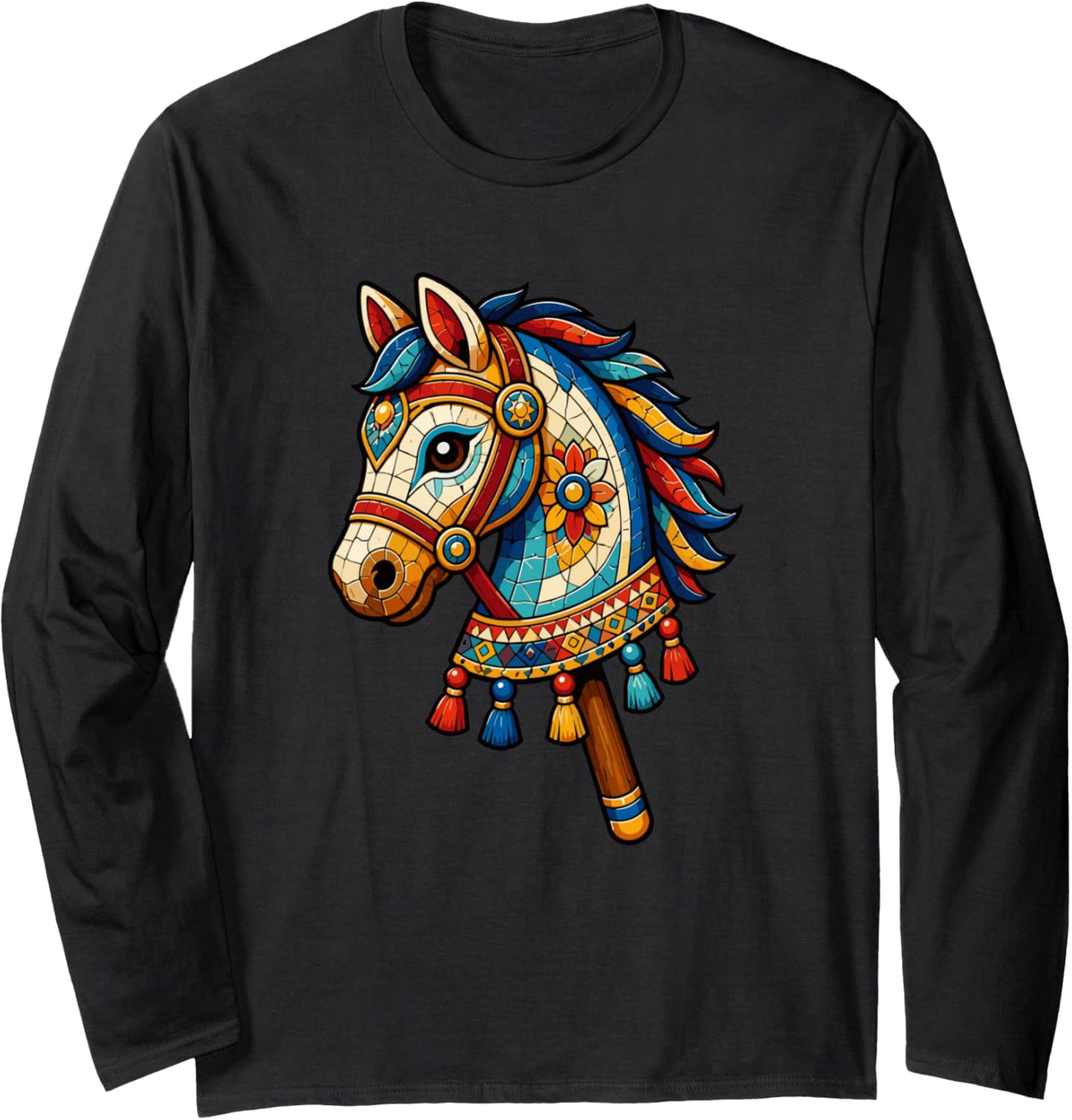 Decorated Horse Head Hobby Horse Equestrian Long Sleeve T-Shirt - Adult Unisex Black