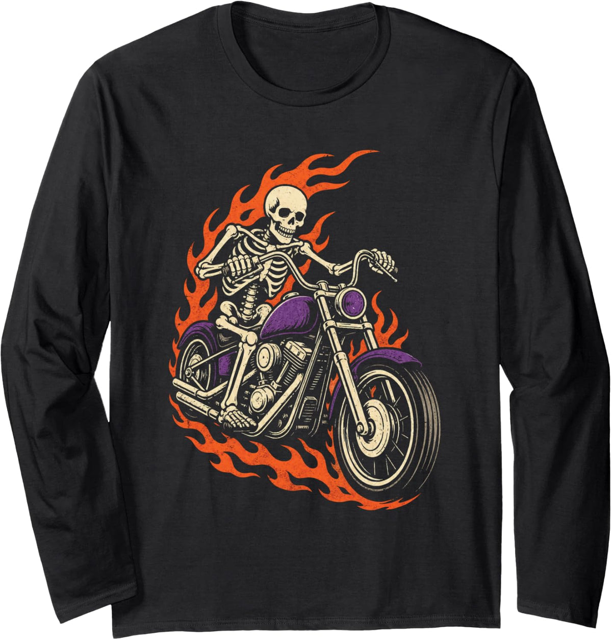Halloween Biker Skeleton Motorcycle Chopper Flames Vintage Long Sleeve T-Shirt - Adult Unisex Black