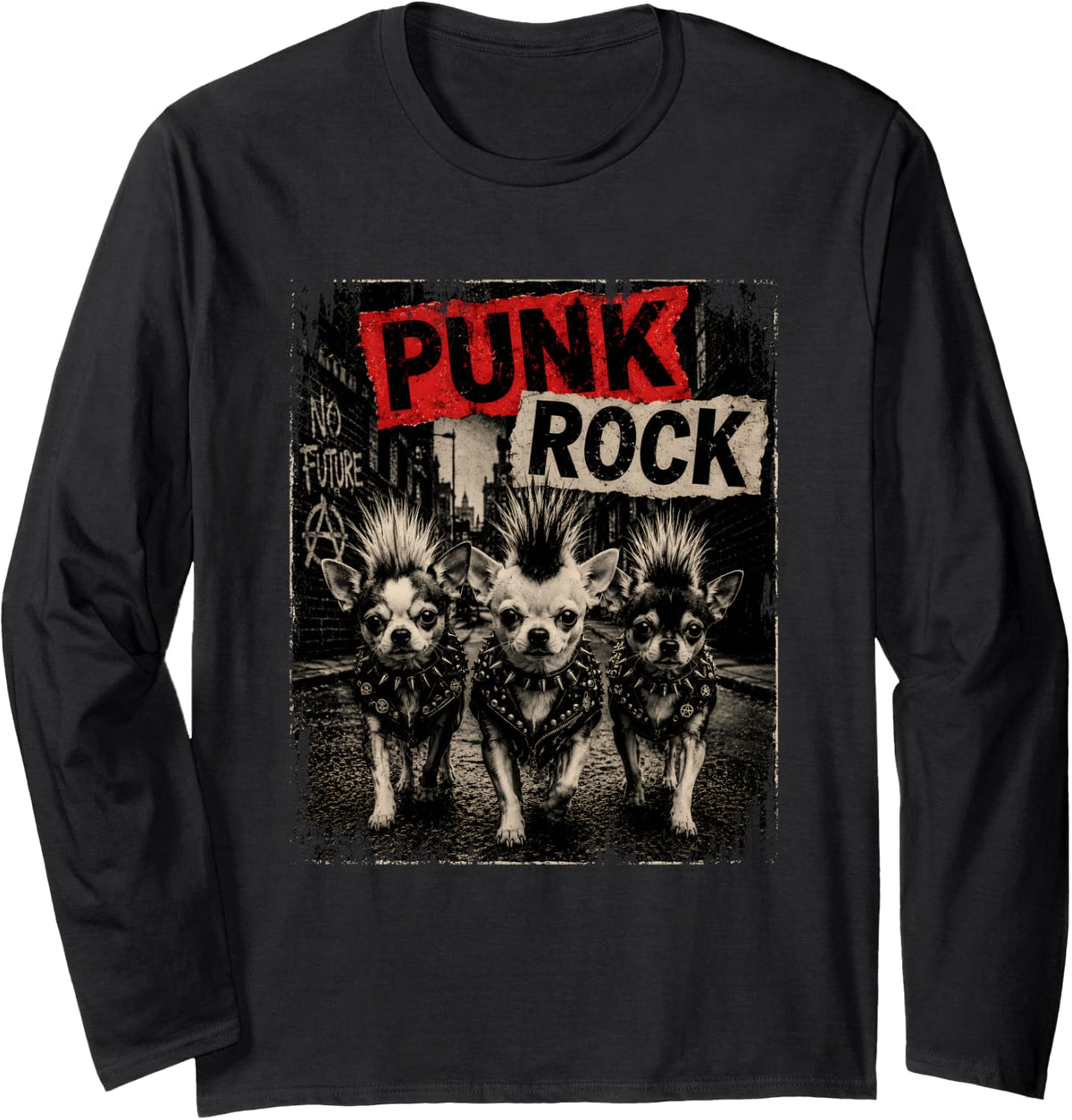 Punk Rock Chihuahua Street Style Dogs Mohawk Spiked Collar Long Sleeve T-Shirt - Adult Unisex Black