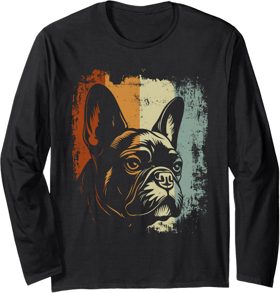 French Bulldog Dog Retro Design Long Sleeve T-Shirt - Adult Unisex Black