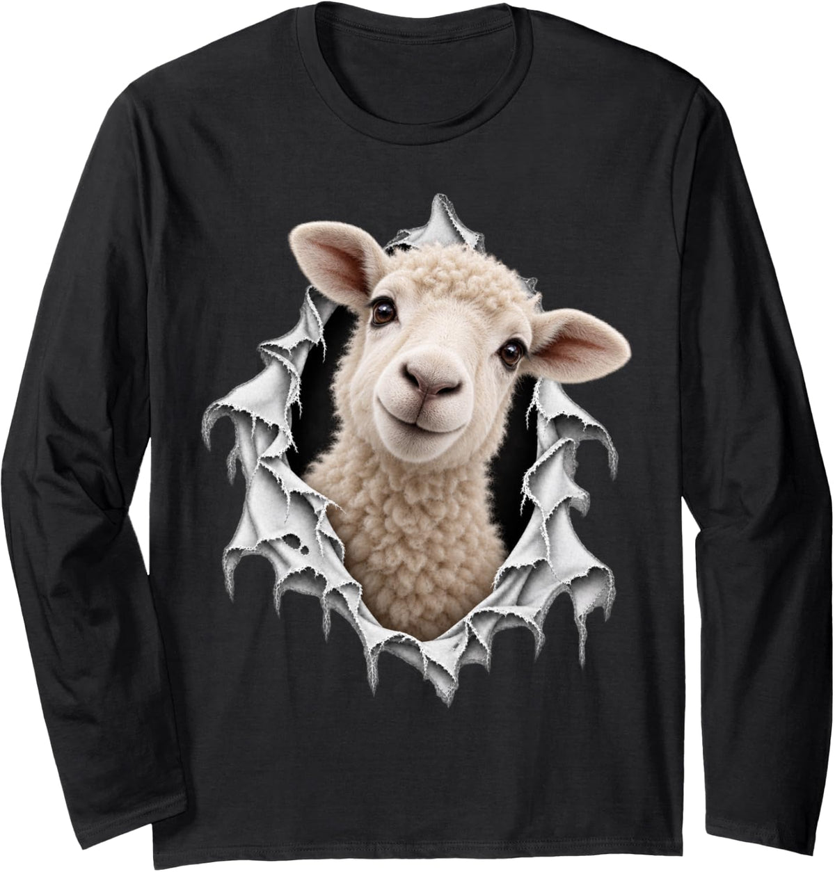 Cute Sheep Crawling Out of Ripped Design Long Sleeve T-Shirt - Adult Unisex Black
