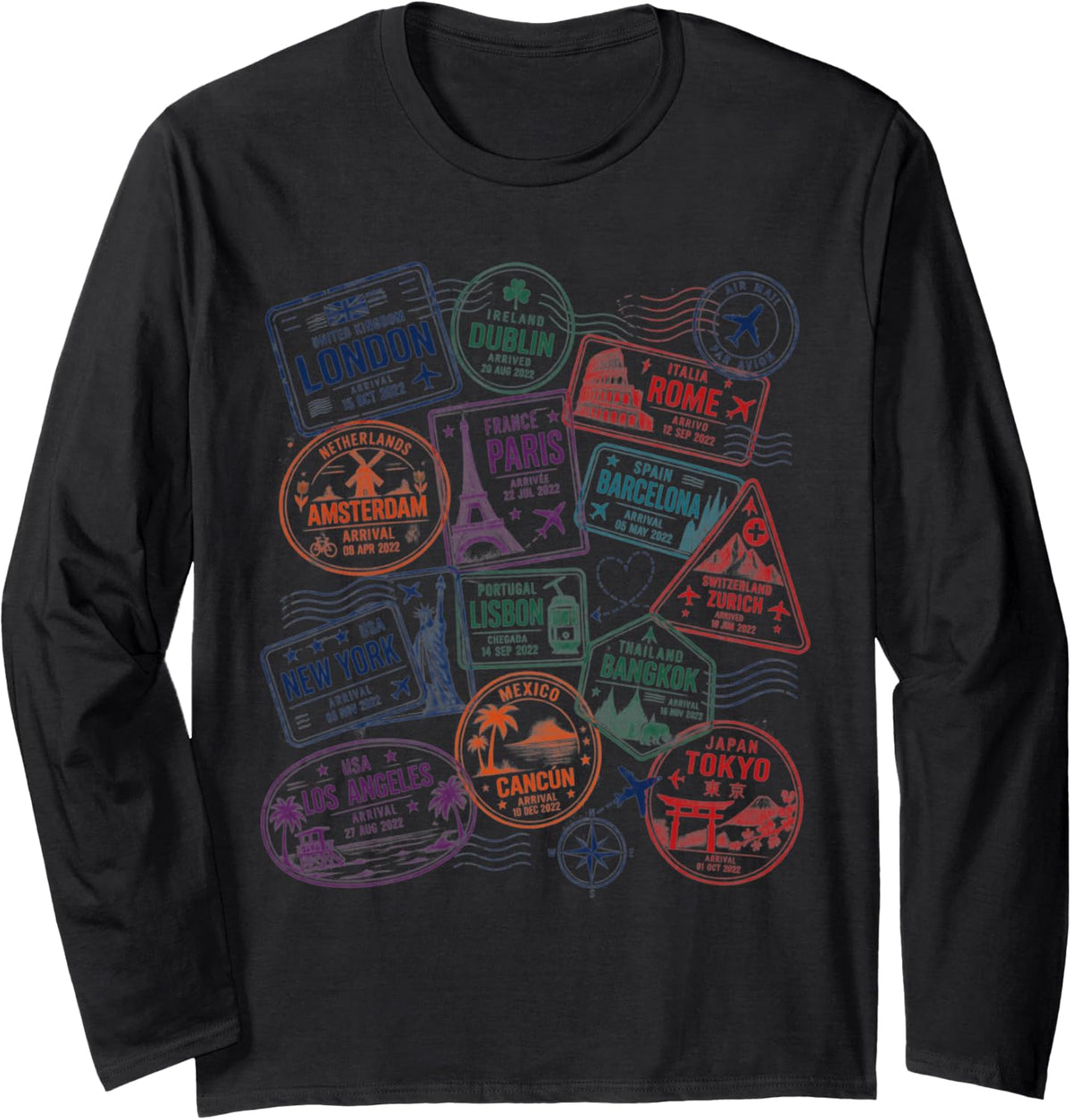 Passport Stamps Travel Adventure World Traveler Vacation Long Sleeve T-Shirt - Adult Unisex Black