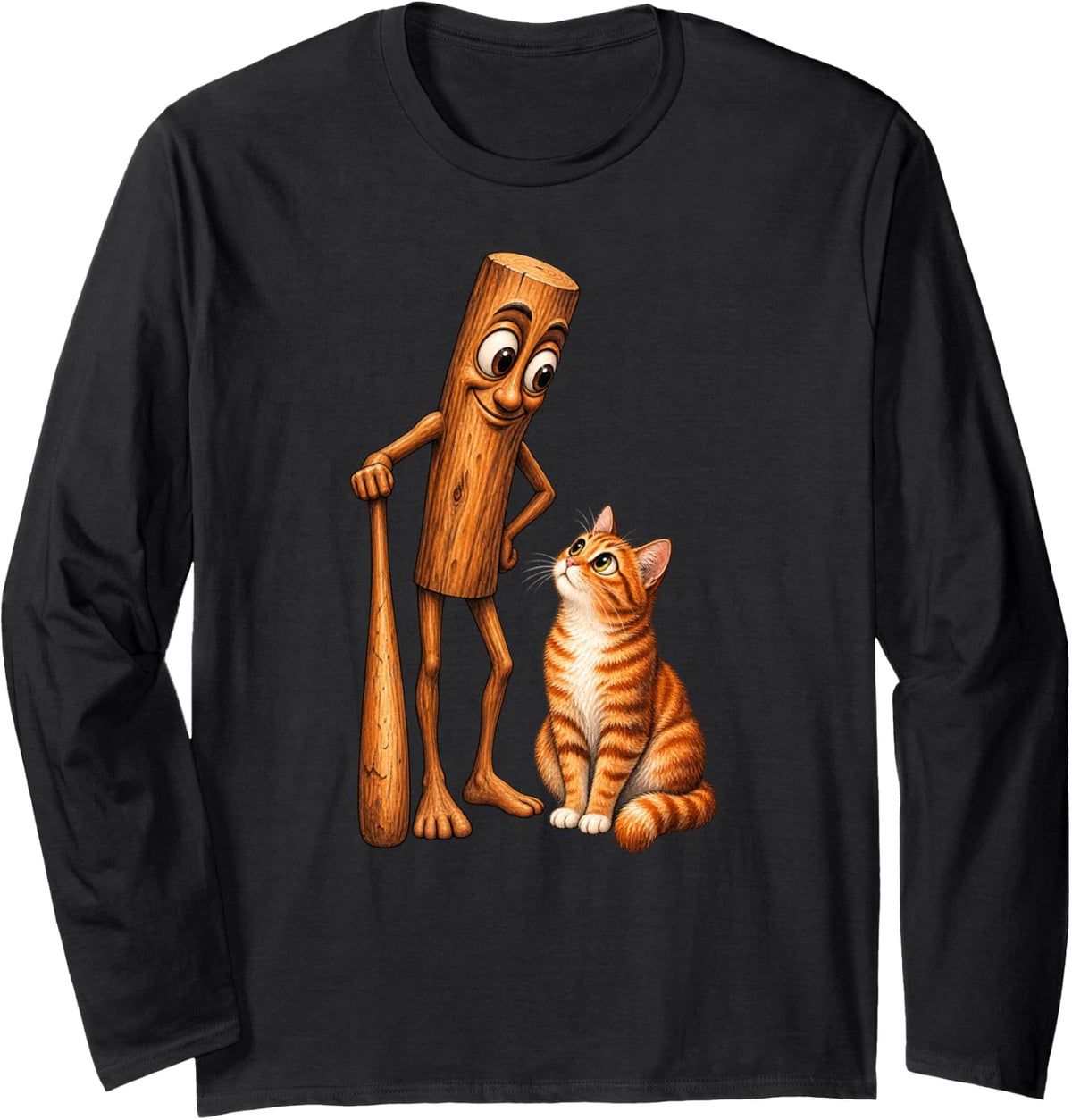 Funny Tabby Cat Cartoon Log Character Kids Long Sleeve T-Shirt - Adult Unisex Black