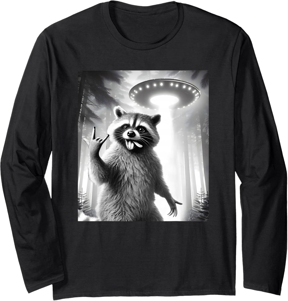 Funny Raccoon Trash Pandas Selfie with UFO Alien Rock Sign Long Sleeve T-Shirt - Adult Unisex Black