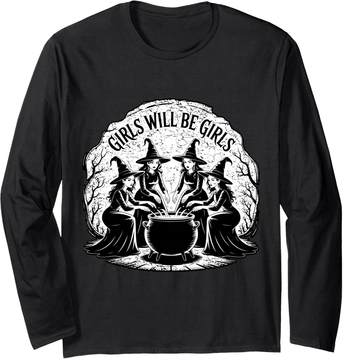 Spooky Season Girls Will Be Girls Witch Vintage Halloween Long Sleeve T-Shirt - Adult Unisex Black