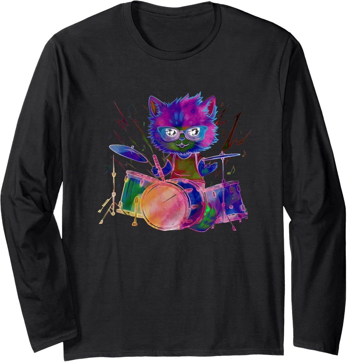 Colorful Cat Playing Drum Sunglasses Music Drummer Drumming Long Sleeve T-Shirt - Adult Unisex Black