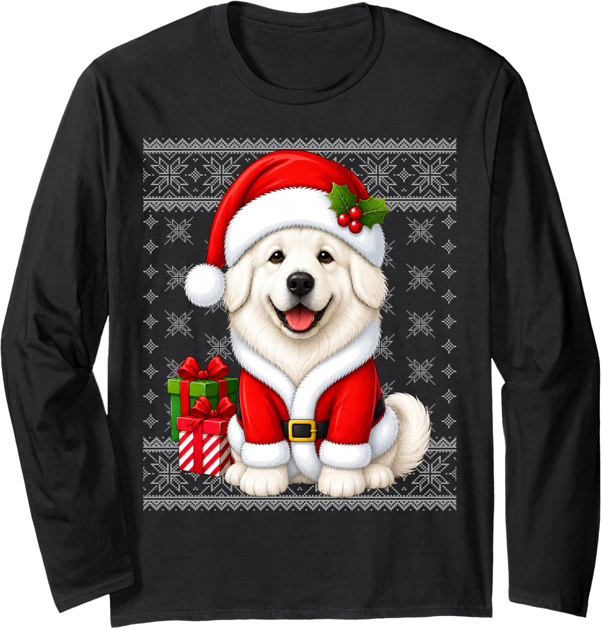 Great Pyrenees Dog in Christmas Santa Costume Ugly Xmas Long Sleeve T-Shirt - Adult Unisex Black