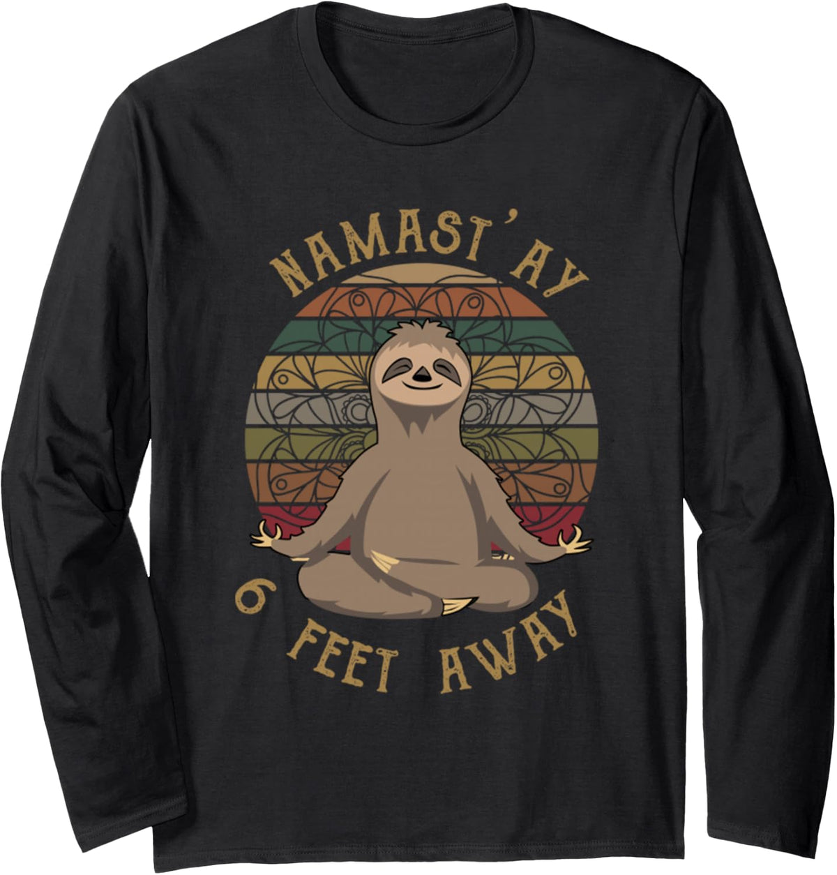 Retro Sunset Sloth Yoga Namas'ay 6 Feet Away Funny Vintage Long Sleeve T-Shirt - Adult Unisex Black