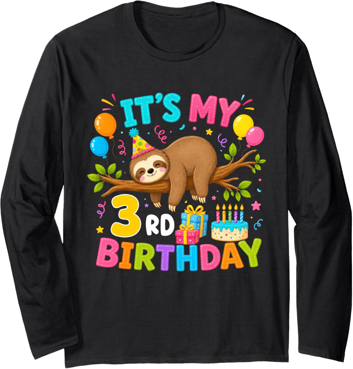 3rd Birthday Animals Theme Party 3 Year Old Sloth Lover Long Sleeve T-Shirt - Adult Unisex Black