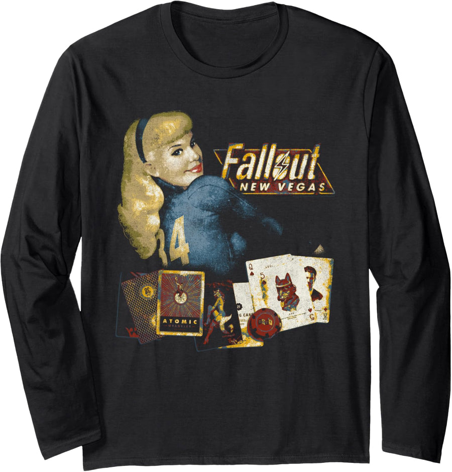 Fallout New Vegas Vintage Distressed Pinup Casino Video Game Long Sleeve T-Shirt - Adult Unisex Black