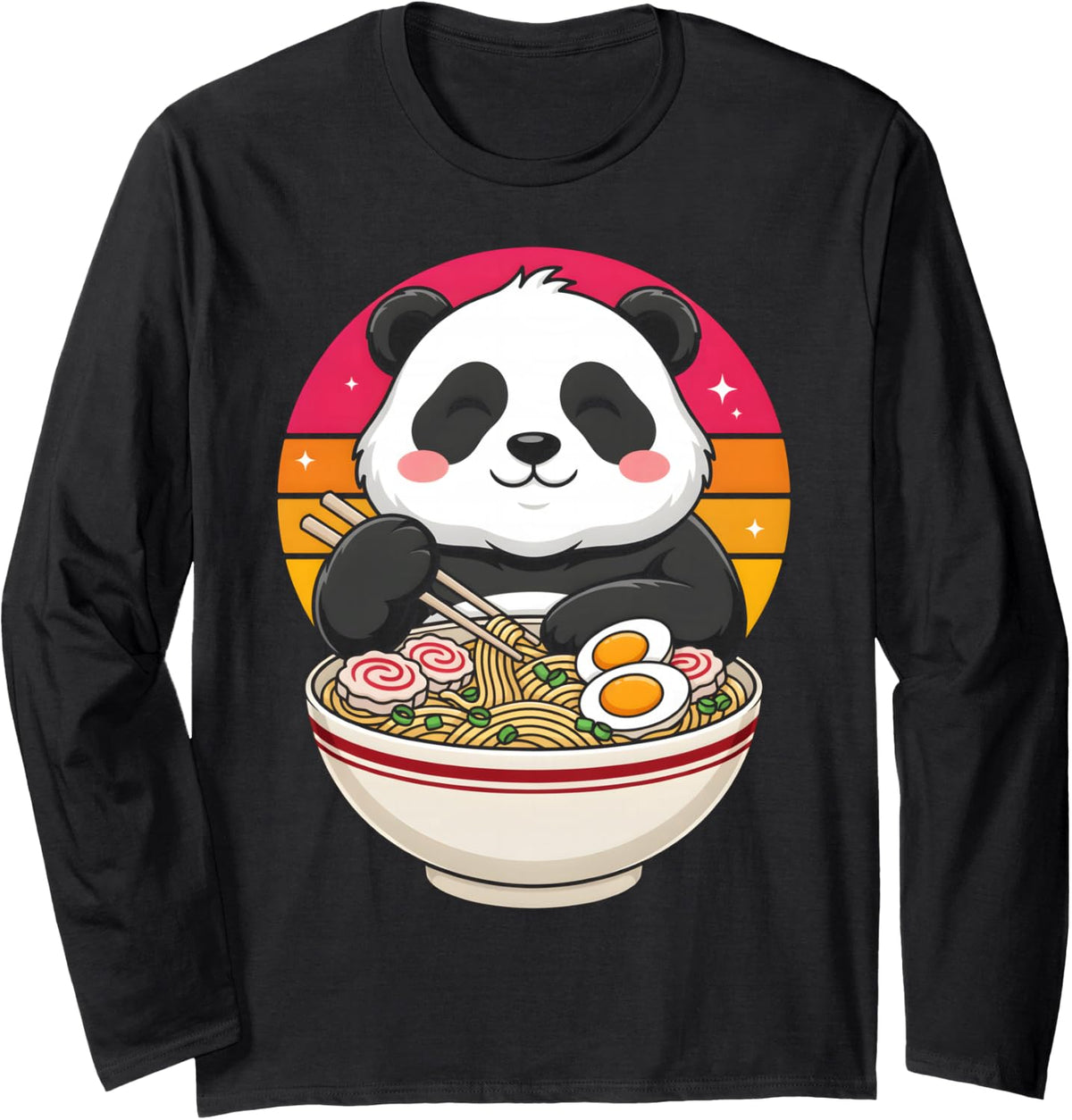 Kawaii Panda Ramen Noodles Retro Sunset Anime Food Long Sleeve T-Shirt - Adult Unisex Black