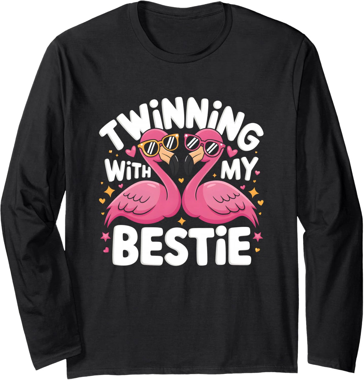 Twinning With My Bestie Flamingo Cute Friends Matching Long Sleeve T-Shirt - Adult Unisex Black