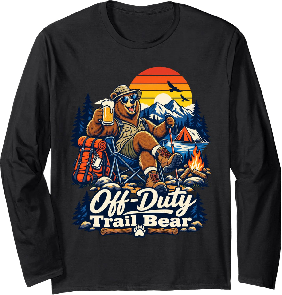 Off Duty Trail Bear Funny Hiking Outdoor Adventure Camper Long Sleeve T-Shirt - Adult Unisex Black