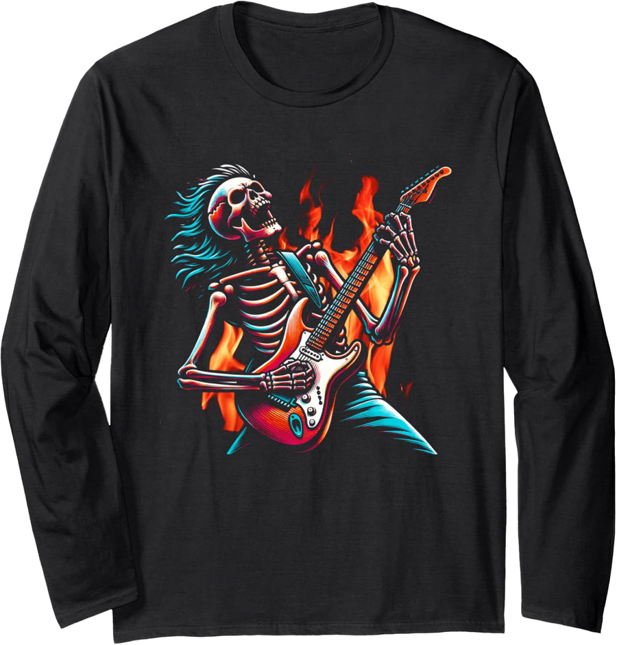 Guitar Player Skeleton Long Sleeve T-Shirt - Adult Unisex Black