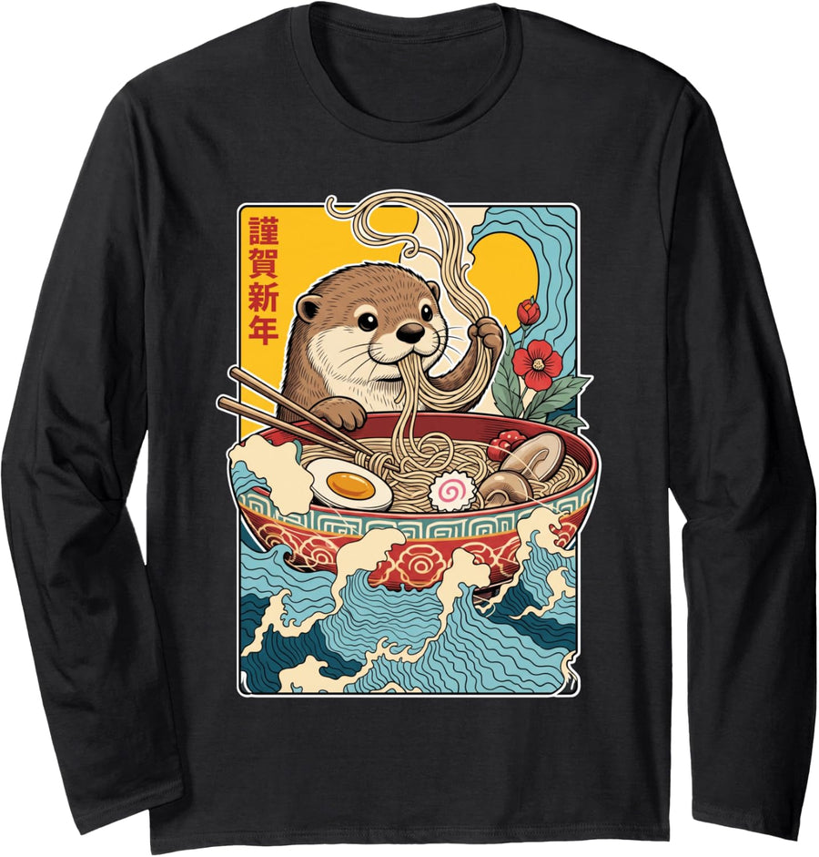 Kawaii Otter Eating Ramen - Japanese Noodles Anime Manga Long Sleeve T-Shirt - Adult Unisex Black