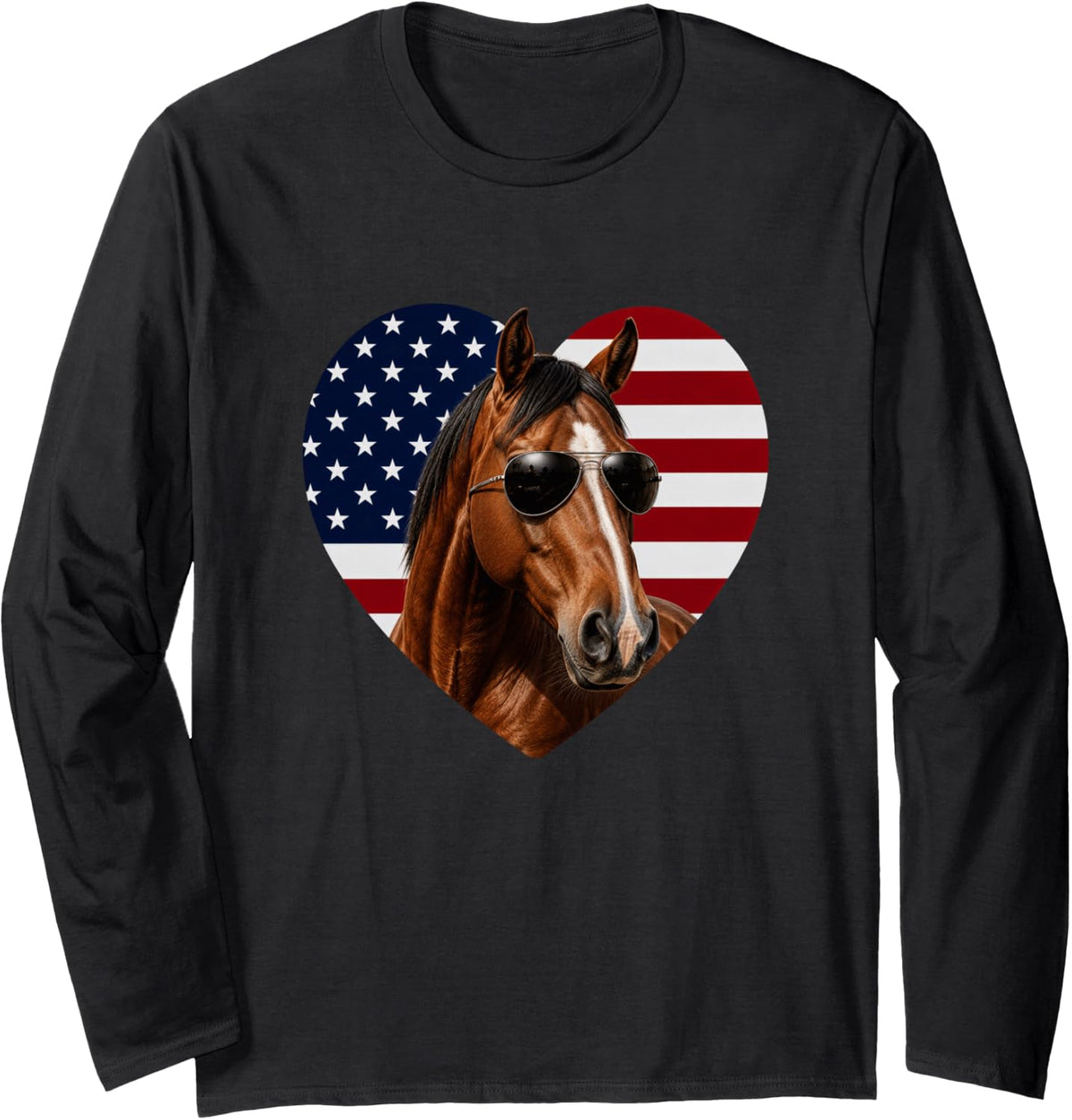 Chestnut Horse USA Flag Heart Patriotic Horse Long Sleeve T-Shirt - Adult Unisex Black